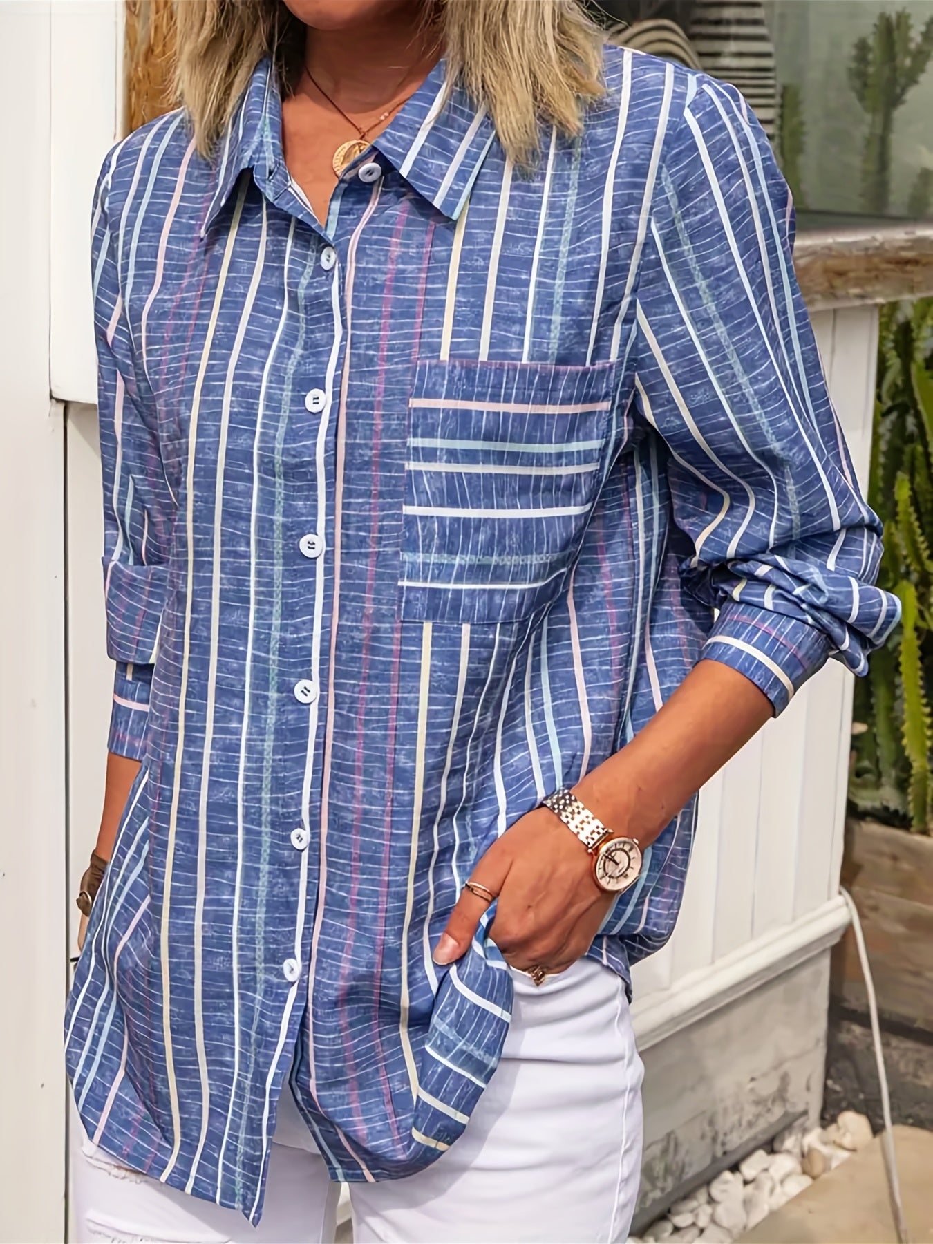  Stripe Print Button Up Long Sleeve Blouse