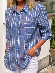  Stripe Print Button Up Long Sleeve Blouse