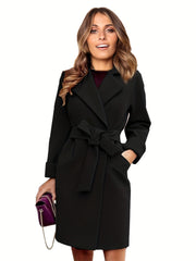 Lapel Neck Belted Coat Long Sleeve Coat For Fall & Winter Women's Clothing