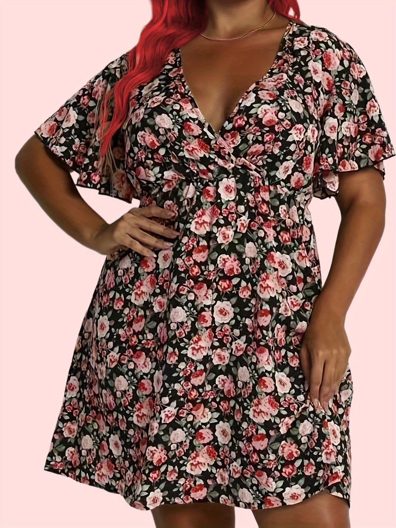  Rose Print Short Sleeve V Neck Dress