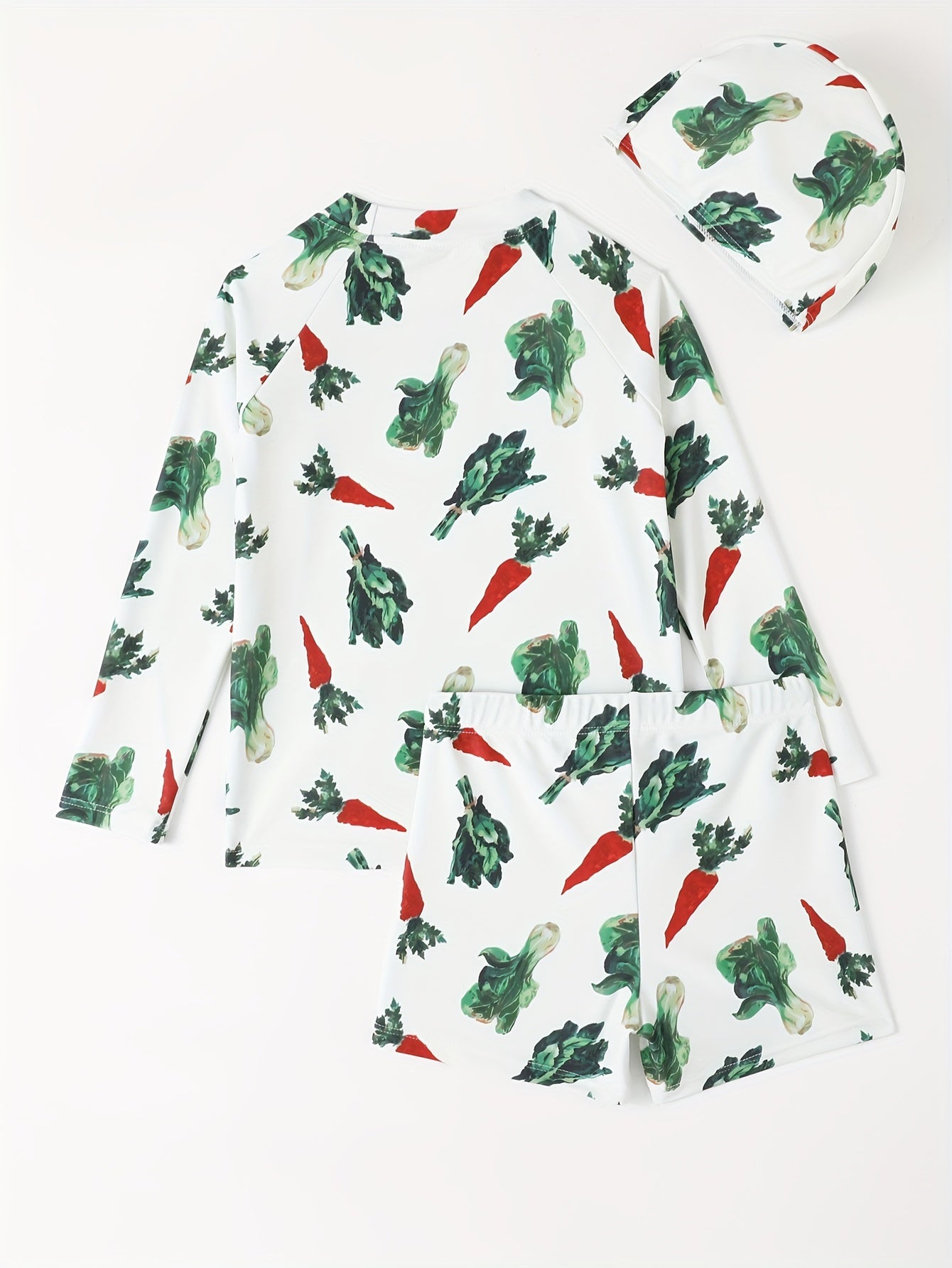 Boy's Vegetable Print Swimsuit Long Sleeve Top & Shorts