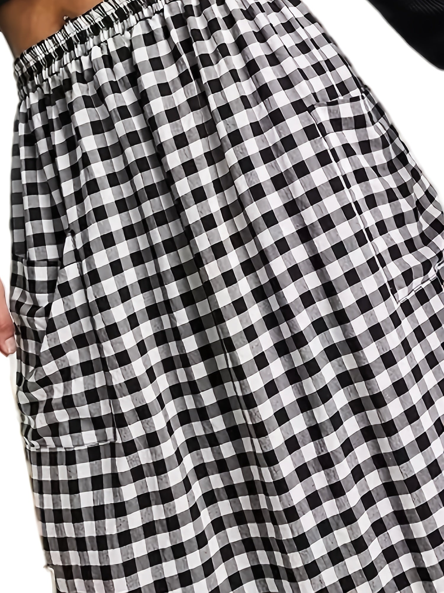  Gingham Print High Waist Skirt With Pockets Women's Plus Long Skirt