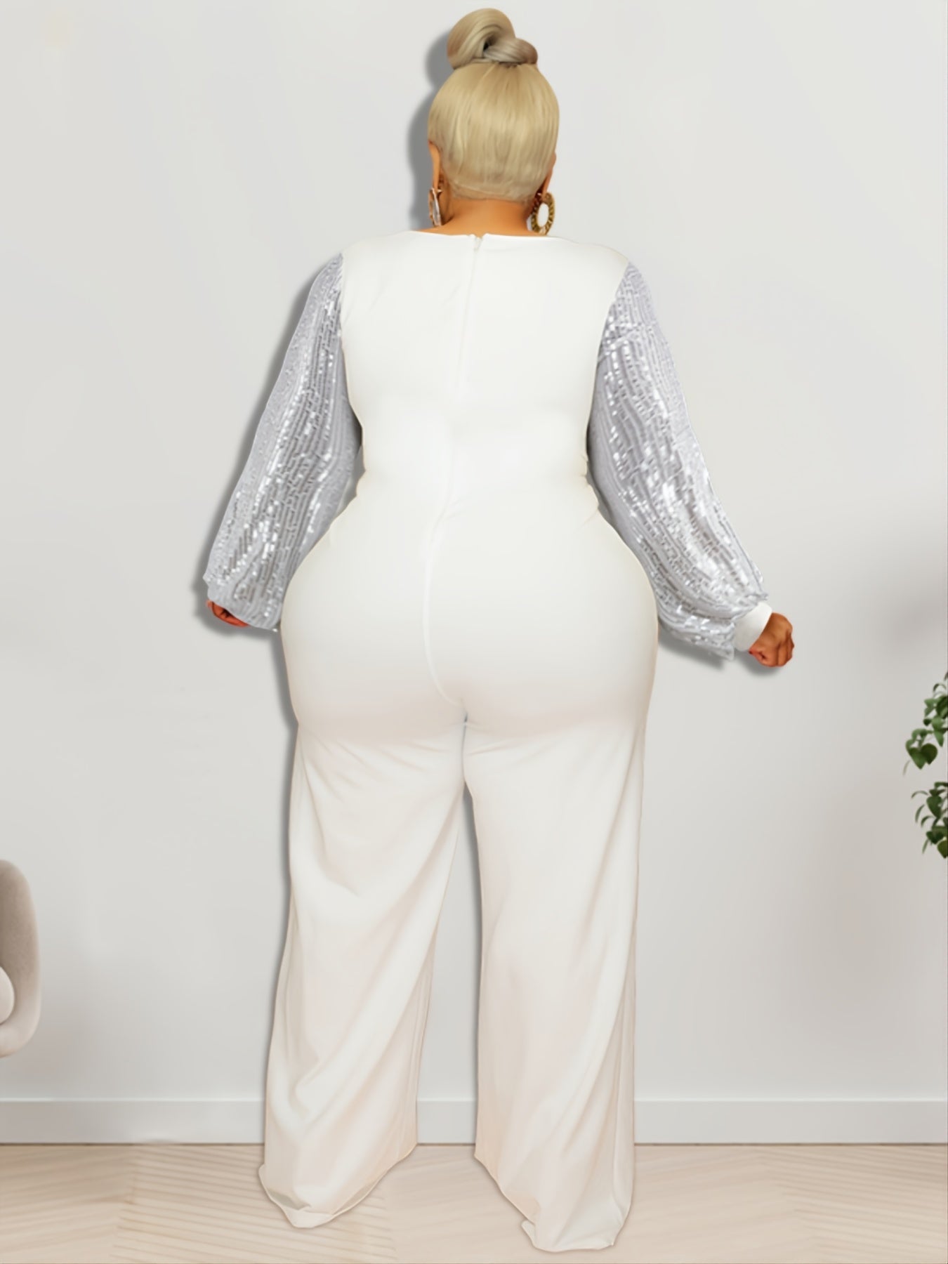 Contrast Sequin Sleeve Wide Leg Jumpsuit Plus Size High Stretch Party Jumpsuit
