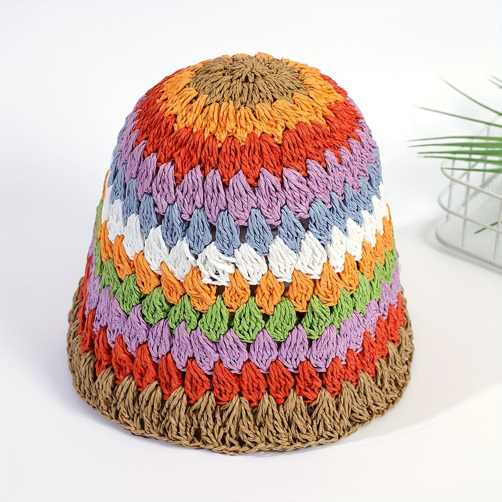 Striped Crochet Beanie Colorful Straw Cloche Hats Sun Shade Bucket Hats