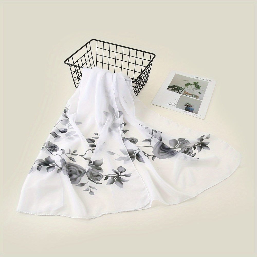 Rose Flower Print Chiffon Shawl Scarf for Beach Vacation