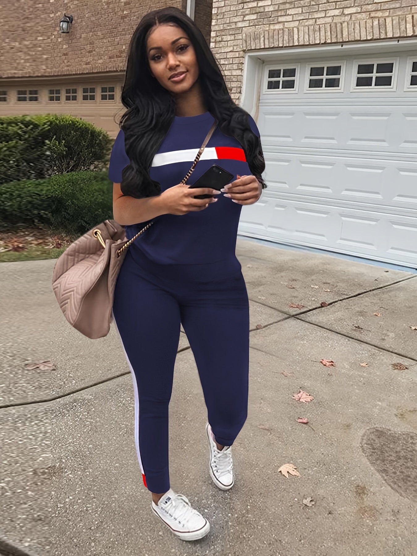 Block Two Piece Set Crew Neck Top & Drawstring Pants