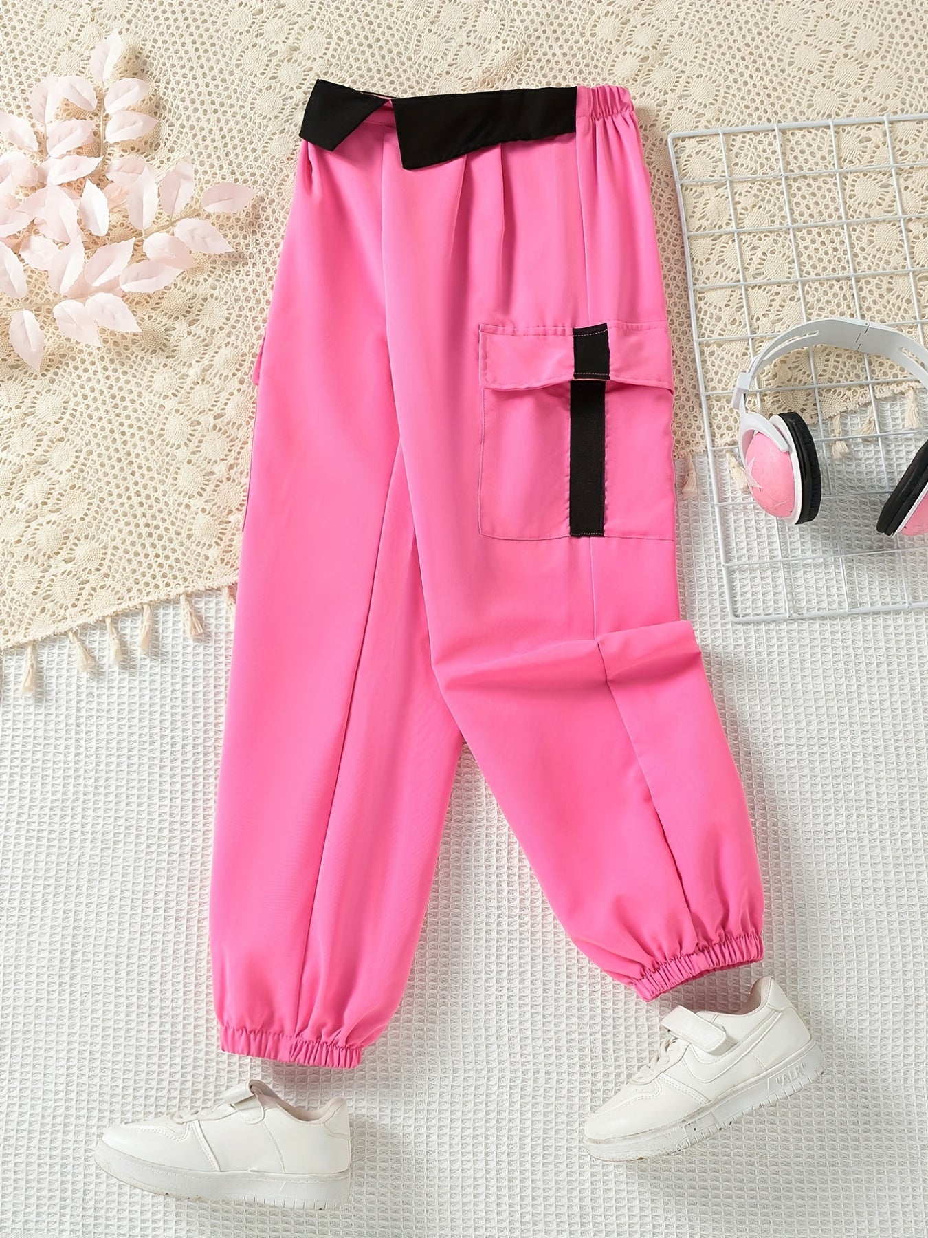 Girls' Casual Cargo Jogger Trousers with Pockets