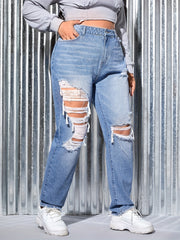 Plus Size Washed Ripped High Rise Straight Leg Jeans