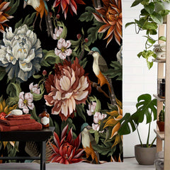 Floral Bird Print Shower Curtain Waterproof Bathroom Decoration