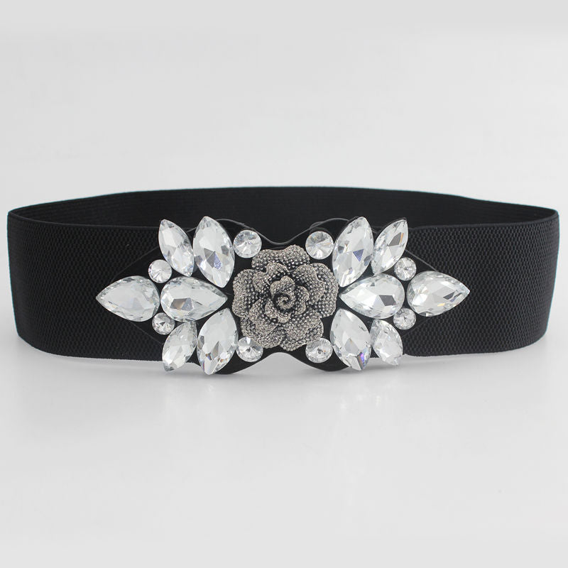 Elastic Rhinestone Wide Belt for Women Ladies