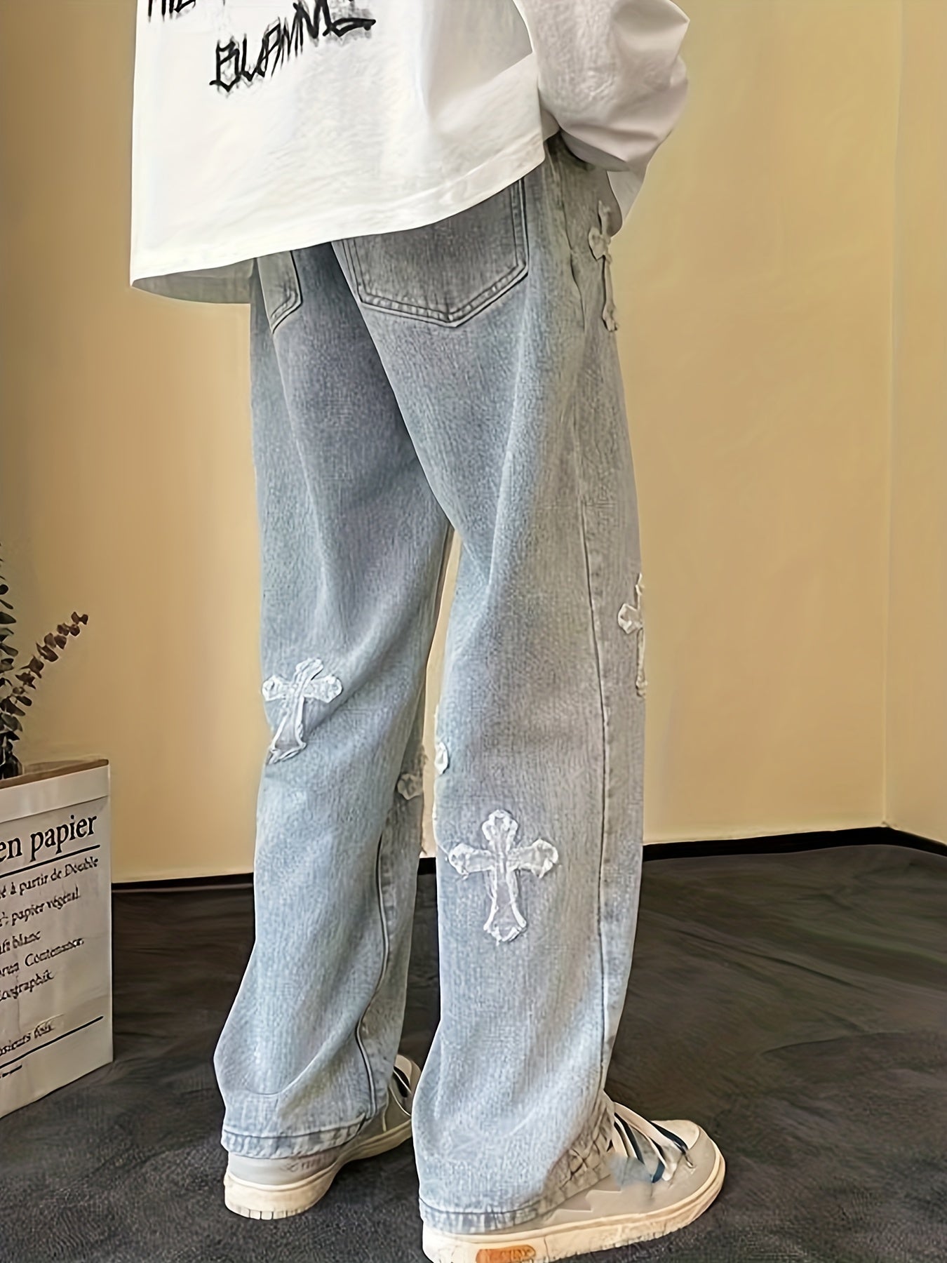 Vintage Cross Pattern Men's Distressed Jeans