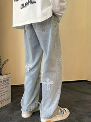 Vintage Cross Pattern Men's Distressed Jeans