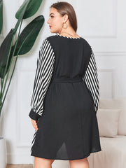  Colorblock Stripe Print Long Sleeve Dress With Belt