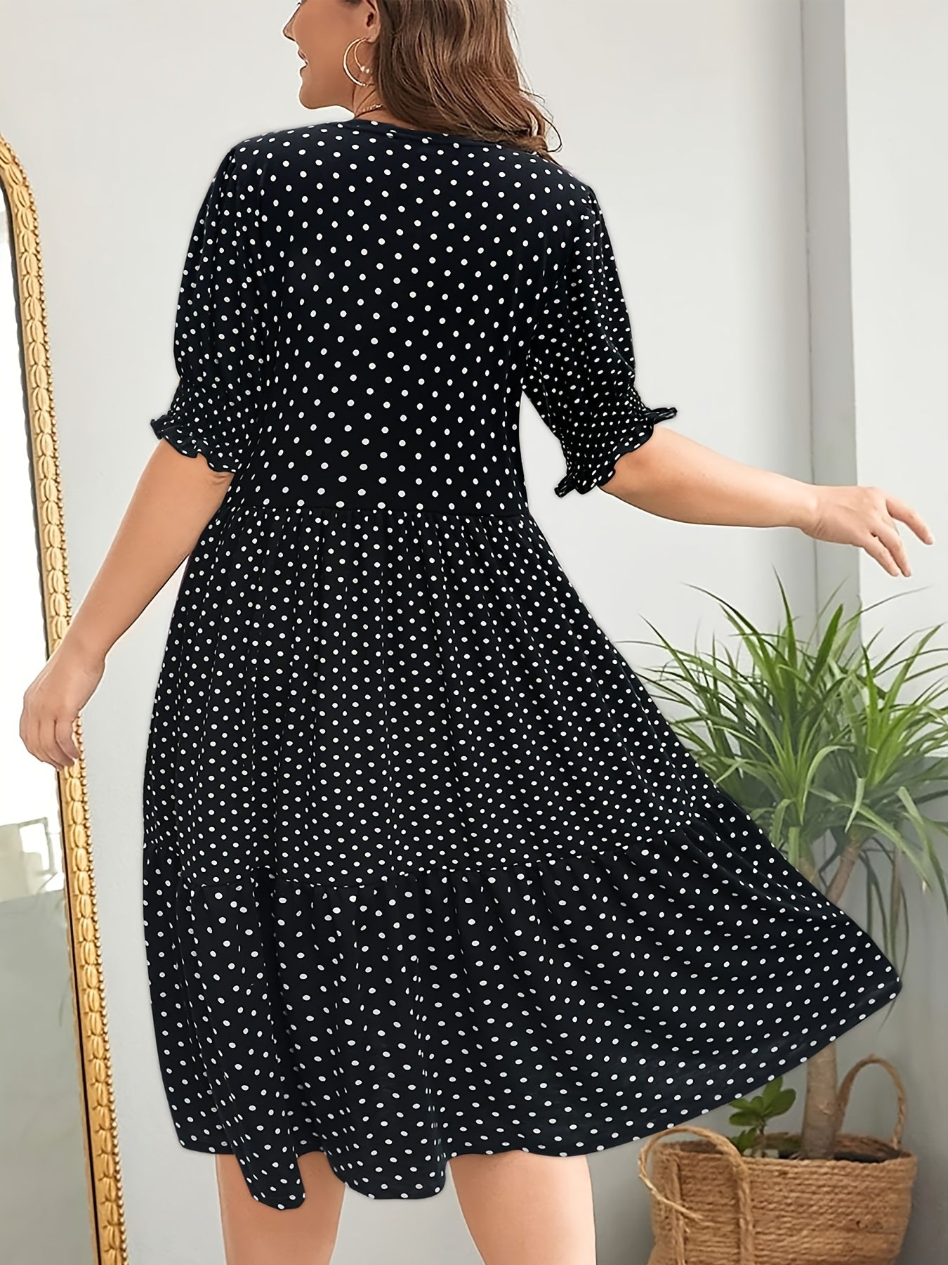  Dot Print Short Sleeve Layered Midi Dress Women's Plus Retro Dress