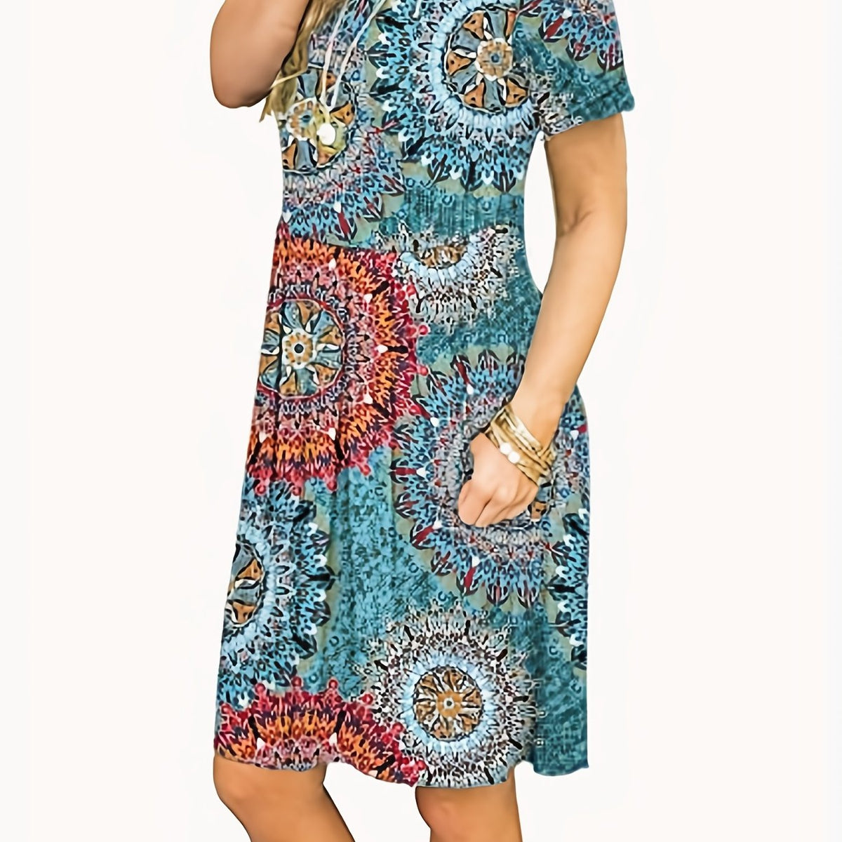  Boho Midi Dress Women's Plus Paisley Print Slight Stretch Midi Dress