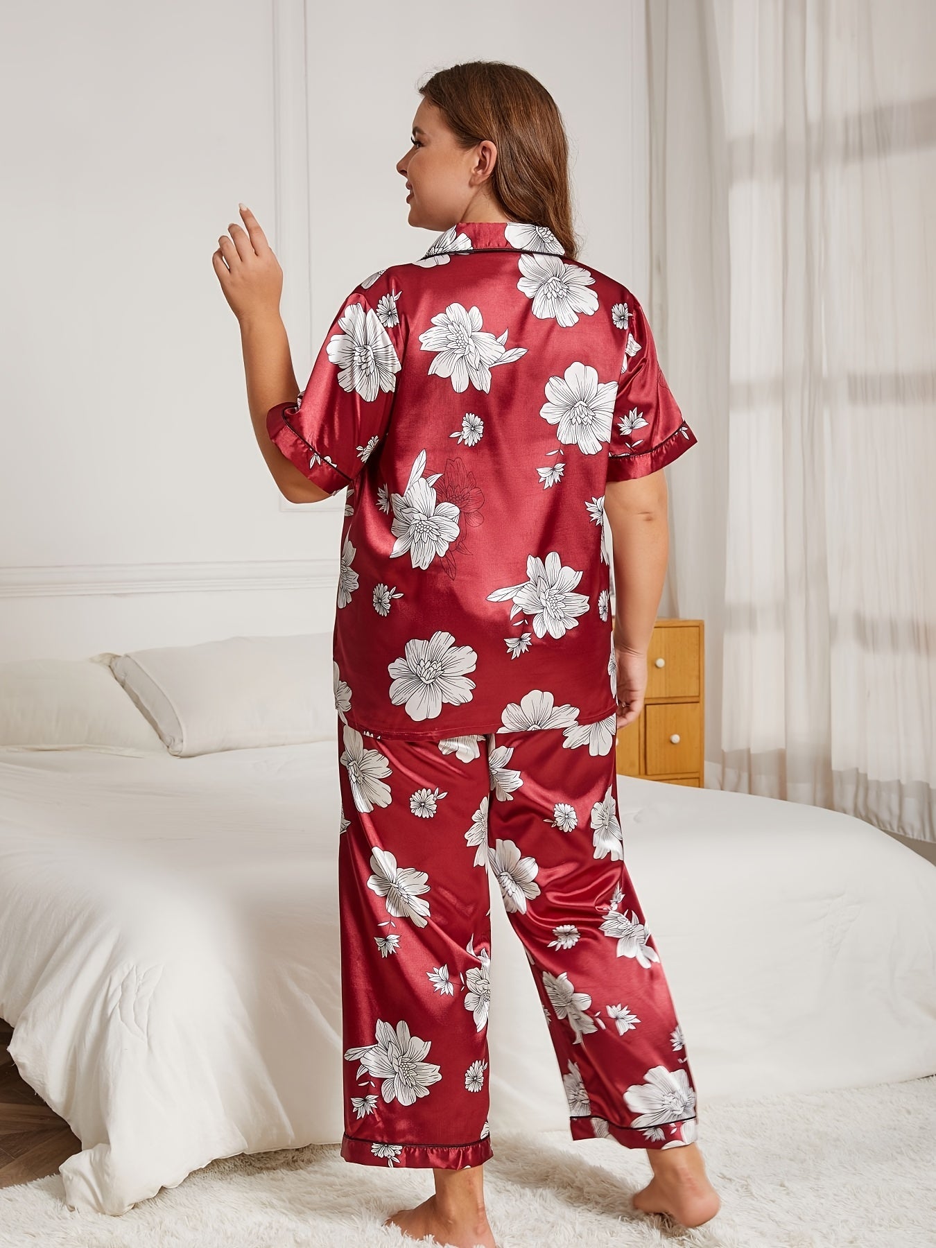  Floral Print Satin Pajamas Set Button Up Lounge Two Piece Set