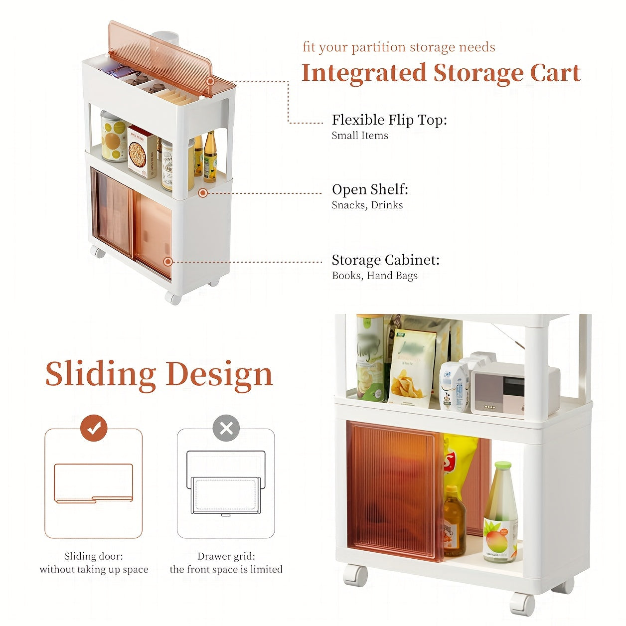 3 Tier Slim Storage Rolling Cart With Wheels Snack Storage Cabinet Utility Cart