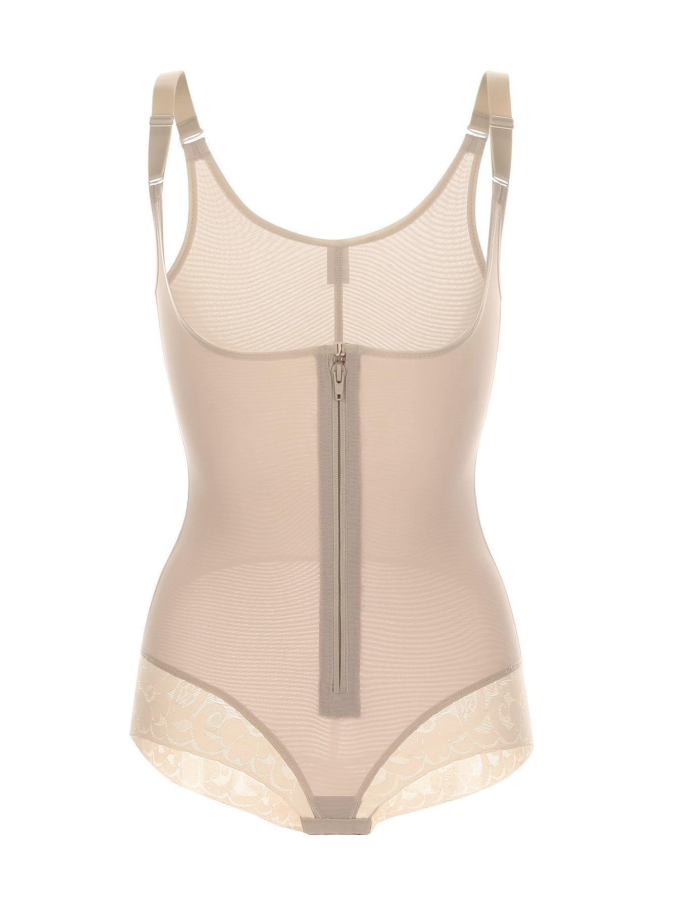 Lace Trim Zipper Body Shaper Tummy Control Slimmer Bodysuit