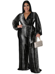  Colorblock Long Sleeve Jumpsuit With Belt