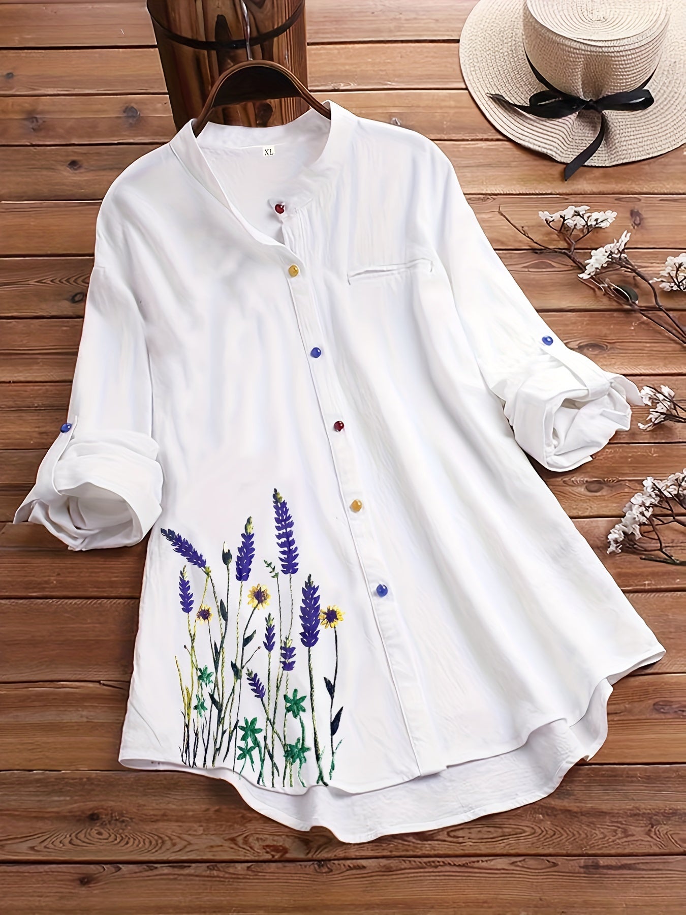  Women's Floral Print Button Up Stand Collar Blouse