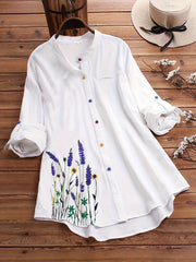  Women's Floral Print Button Up Stand Collar Blouse