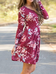  Floral Print Long Sleeve Ruched Dress