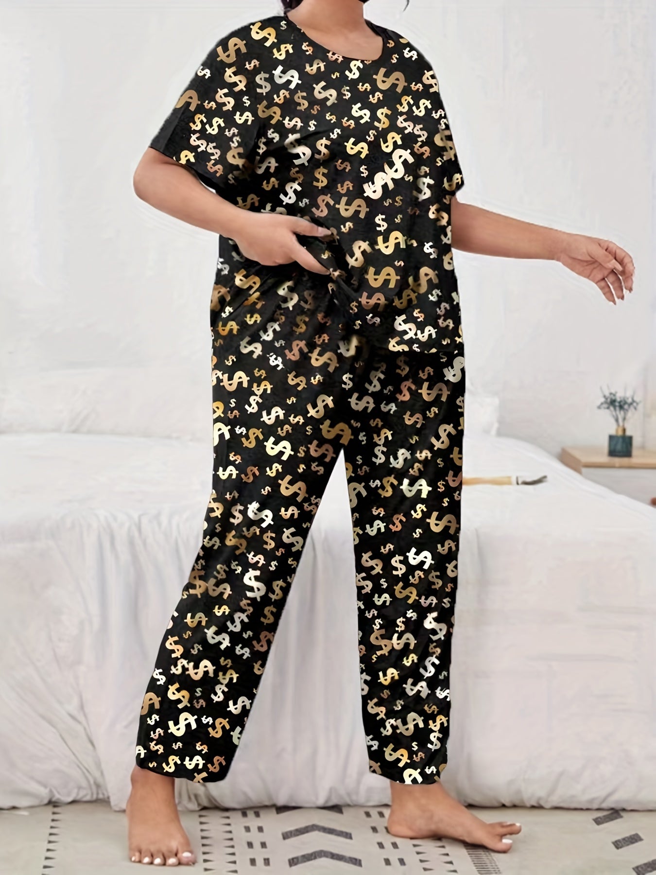  Dollar Print Pajamas Set Short Sleeve Top & Pants Money Graphic