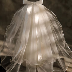 Women'S Double Layered Bow Headscarf Sheer Veil Wedding