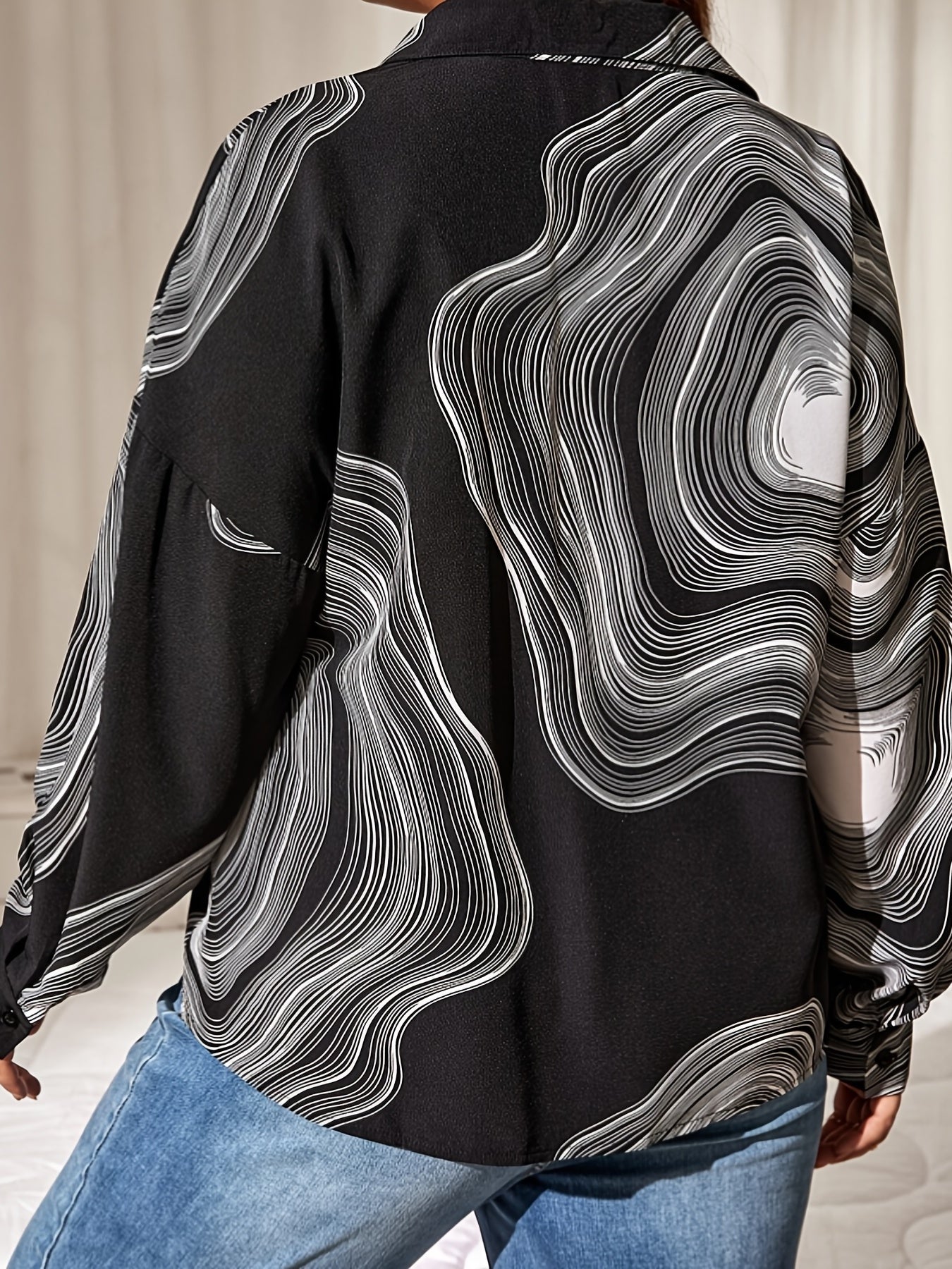  Retro Blouse Women's Plus Abstract Stripe Print Long Sleeve