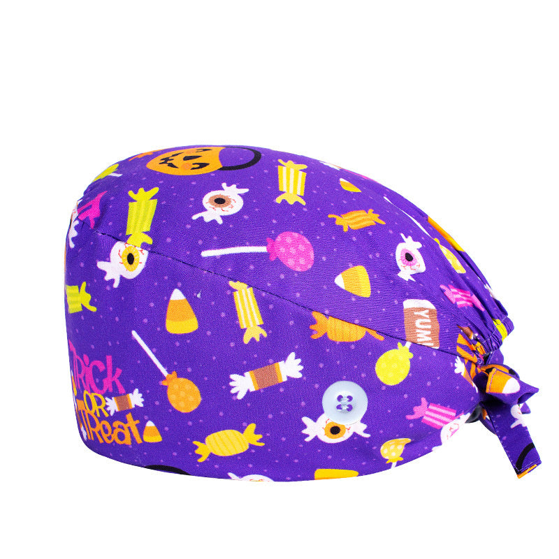 Cartoon Pattern Nurse Hat with Button Adjustable Scrub Cap