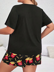 French Fries Print Tee & Bow Front Shorts Pajamas Set