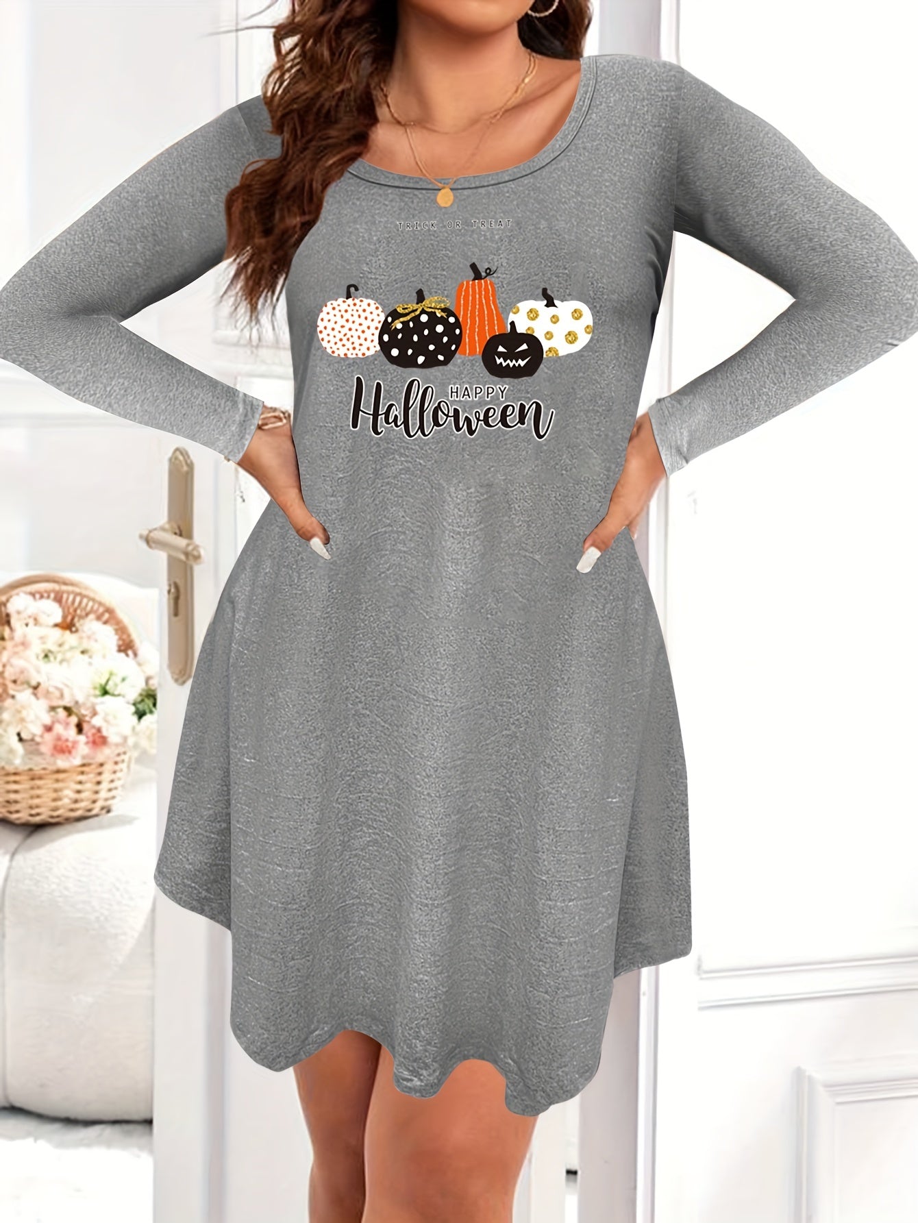  Halloween Pumpkin Print Long Sleeve Nightdress