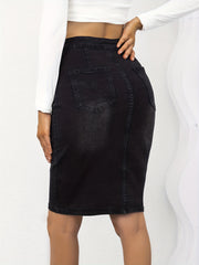High Waist Denim Skirt Slim Fit Single Breasted Button Mid Stretch