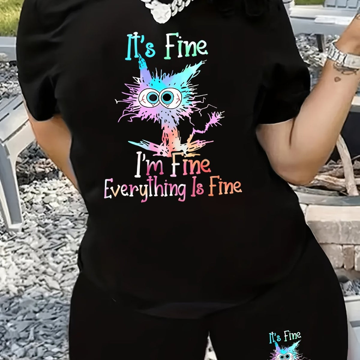  Casual 2pcs Set Women's Graphic Tee & Biker Shorts Set