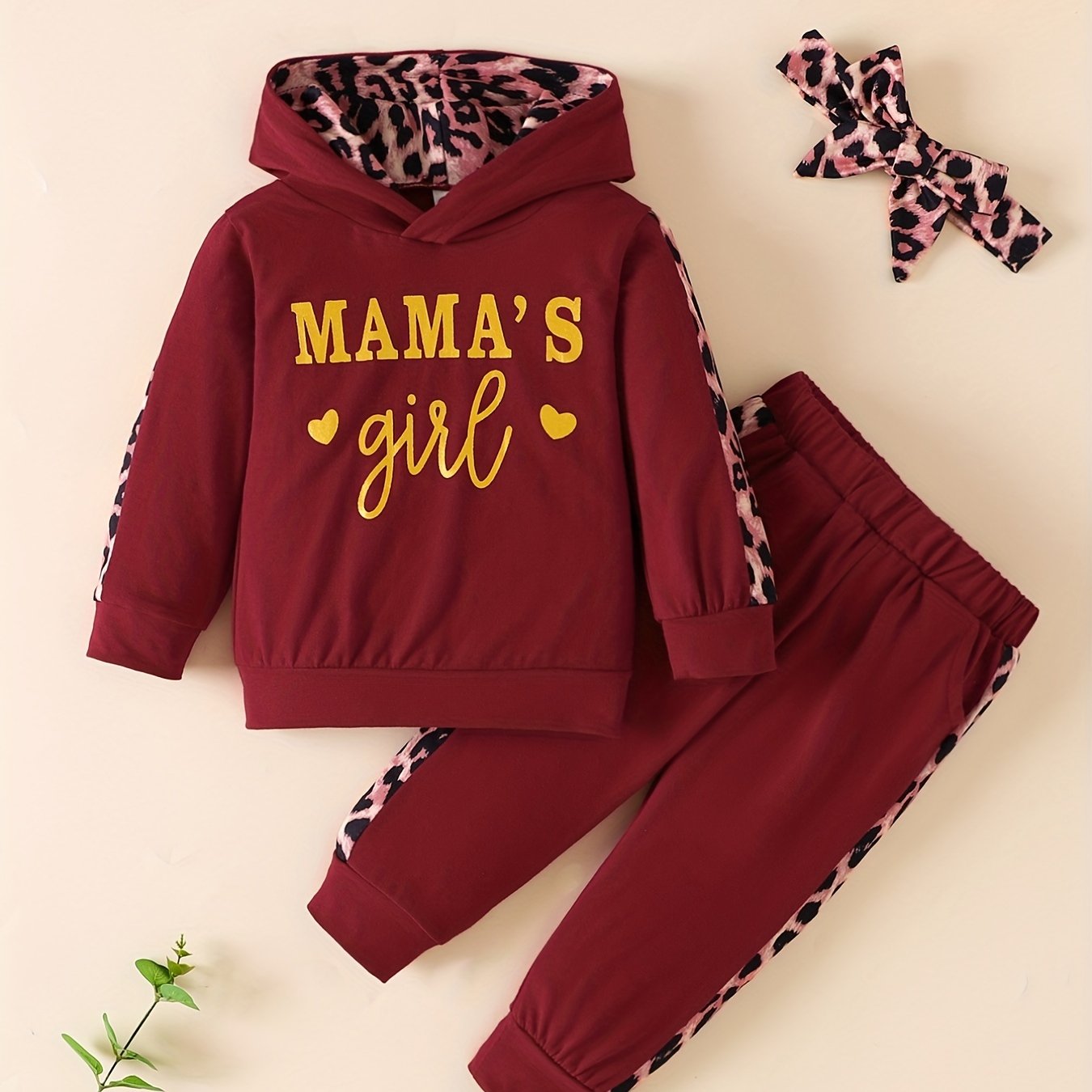 3pcs Baby Girls Hoodie Set Leopard Print Sweatshirt Pants Headband