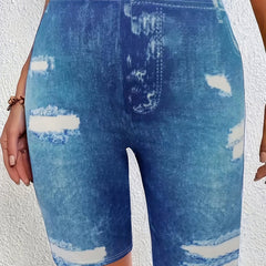  Denim Print High Rise Skinny Shorts