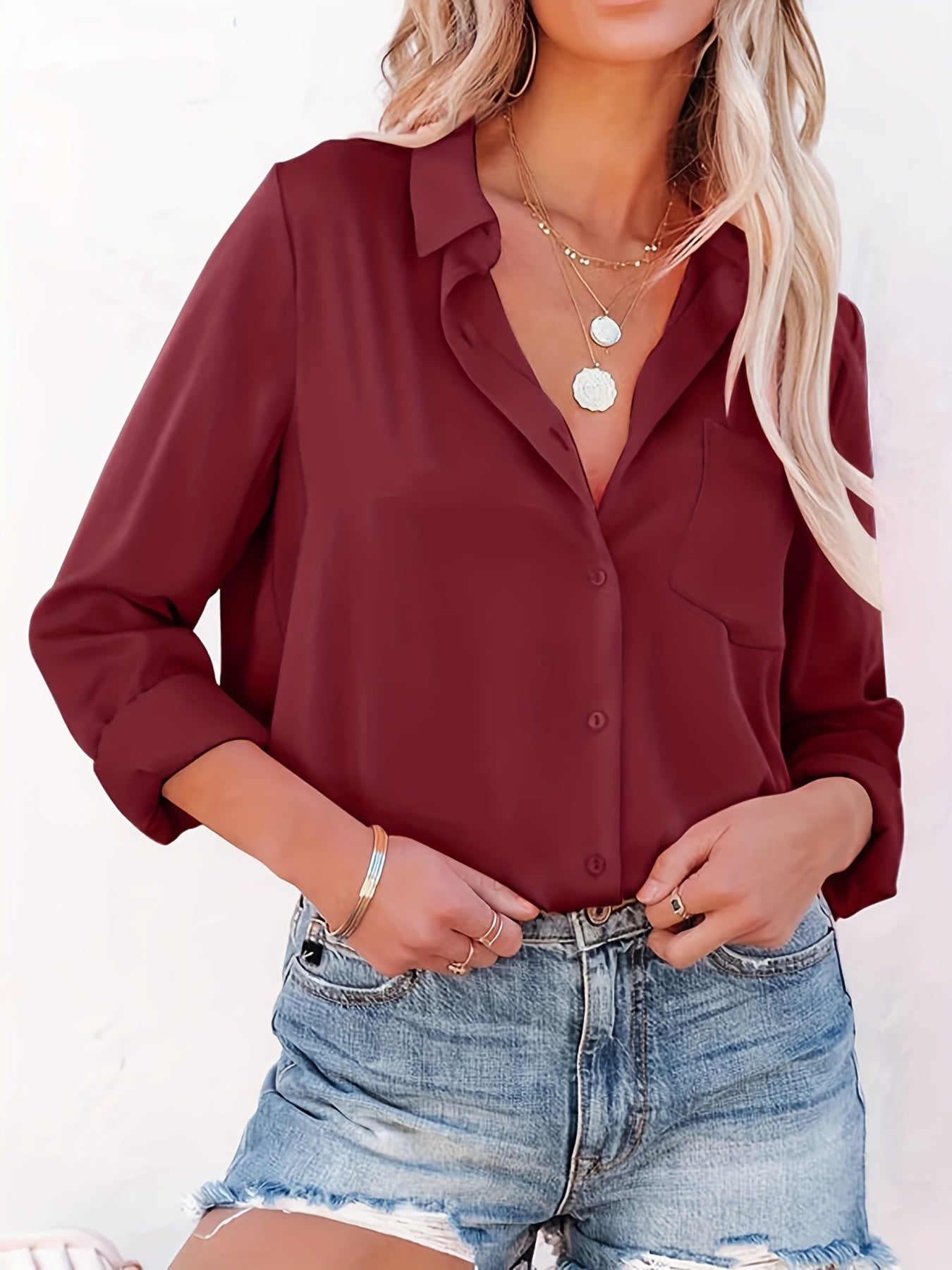  Solid Button Up Long Sleeve Blouse