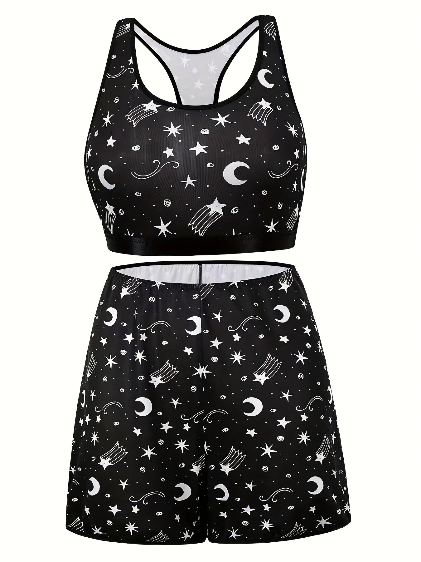  Moon & Star Print Racer Back Crop Top & Shorts Underwear Set