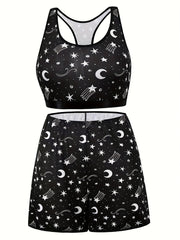  Moon & Star Print Racer Back Crop Top & Shorts Underwear Set