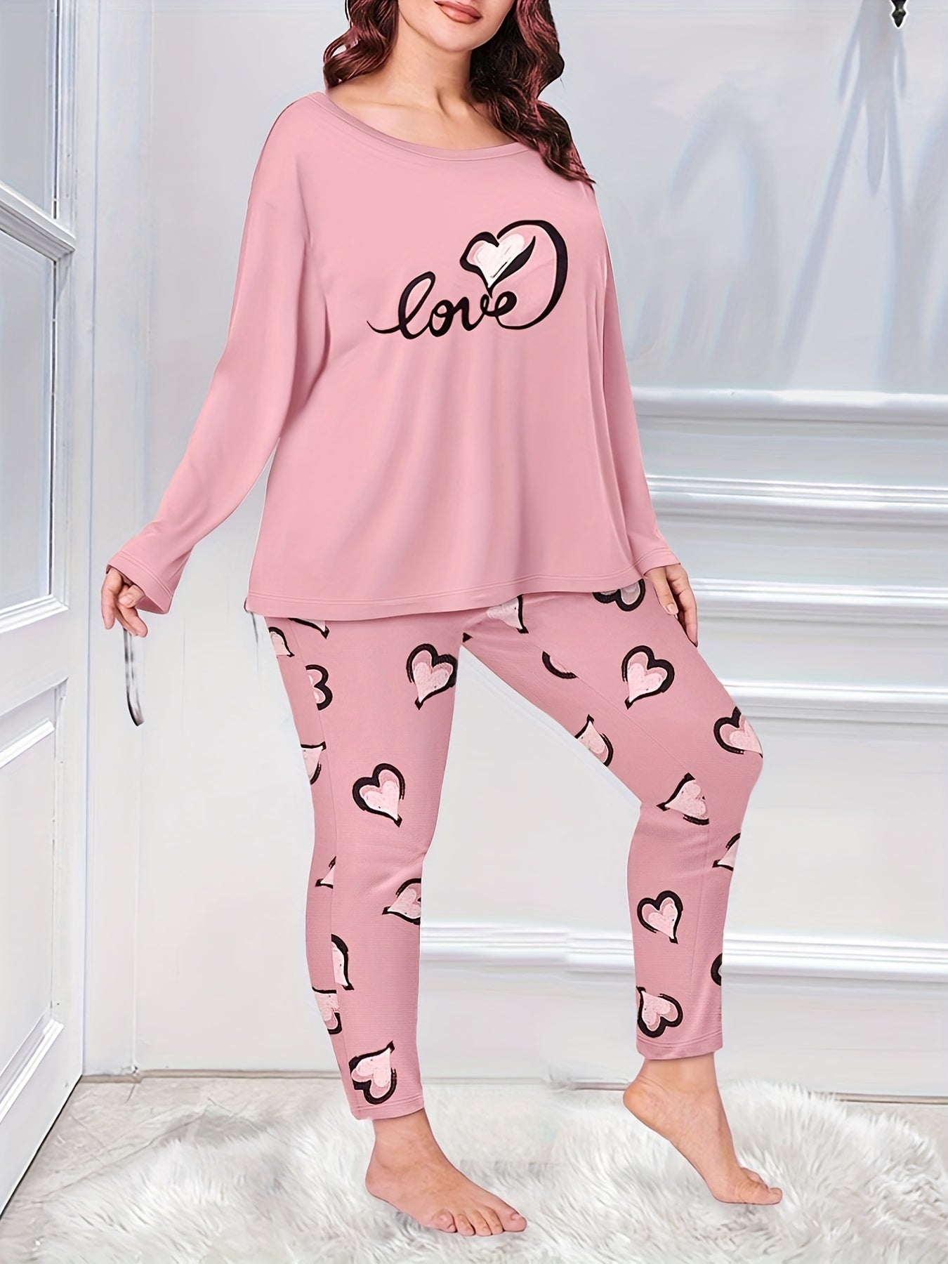  Eyelash & Heart Print Tee & Leggings Pajama Set