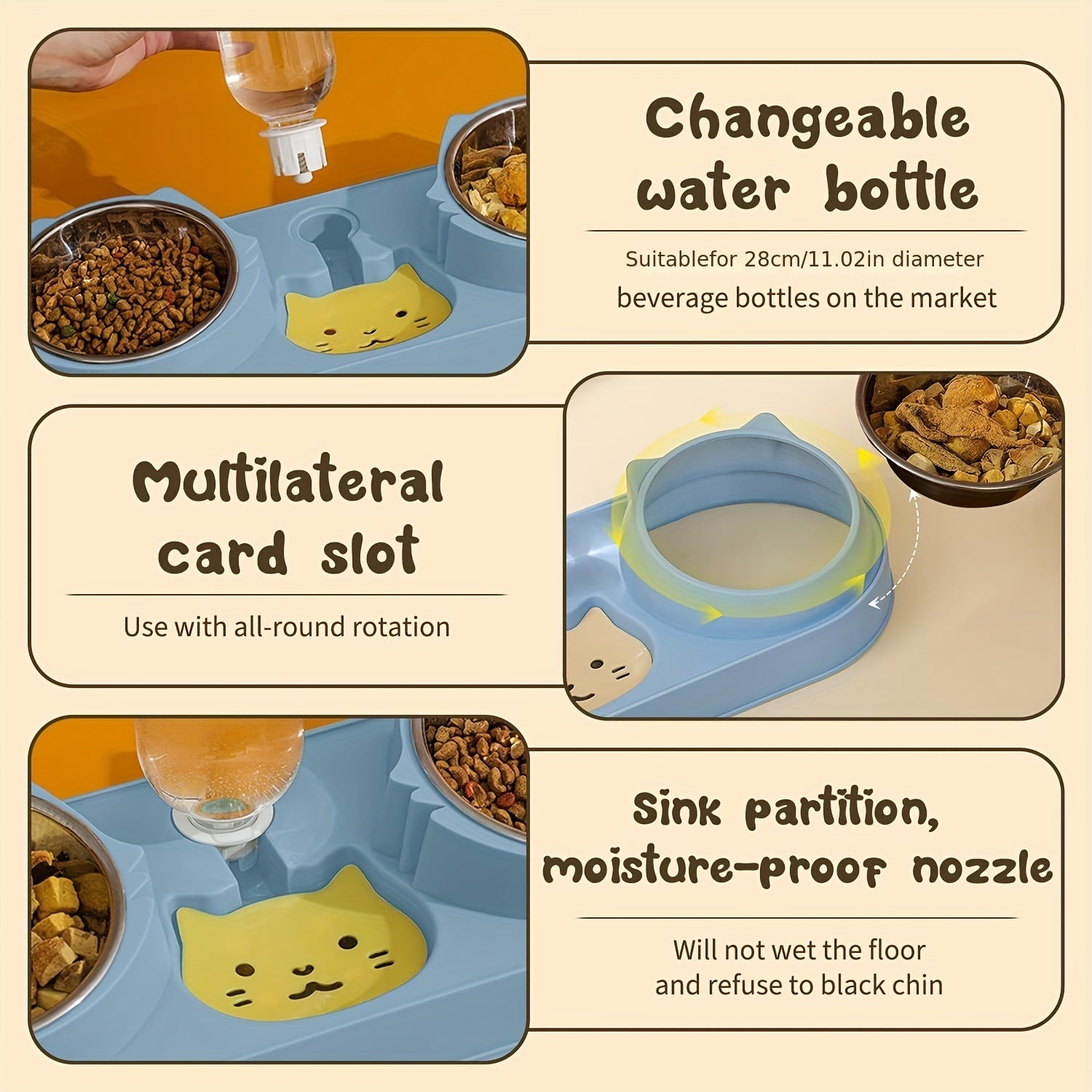 Cat Double Bowls w/ Gravity Water Bottle 3-In-1