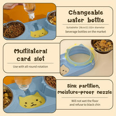 Cat Double Bowls w/ Gravity Water Bottle 3-In-1