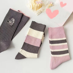 3 Pairs Striped Crew Socks Mid Tube Women's Stockings