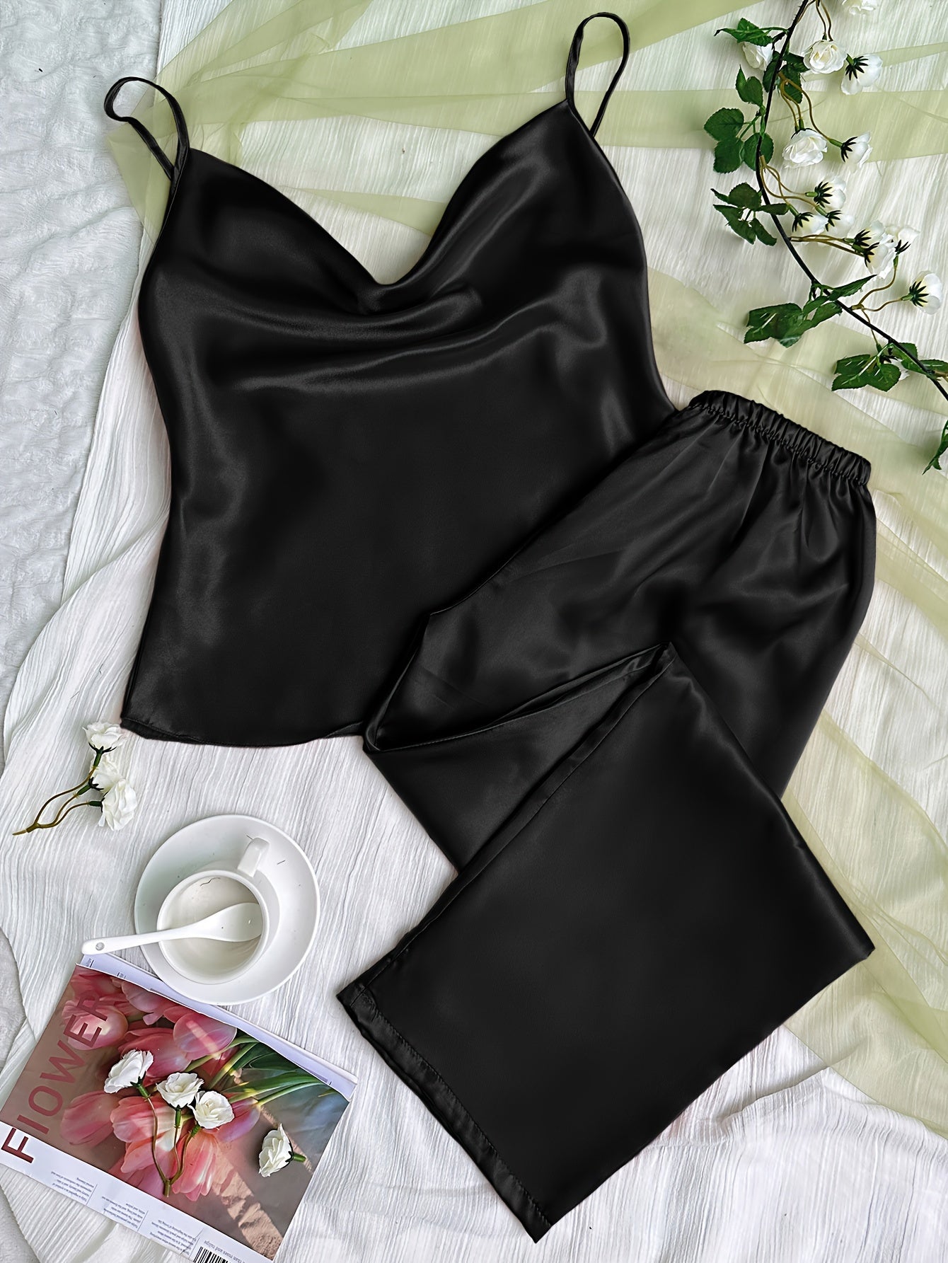 Satin Pajama Set V Neck Cami Top & Pants Women's Sleepwear