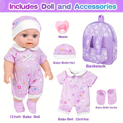 12 Inch Silicone Doll Backpack Playset with Washable Doll Accessories