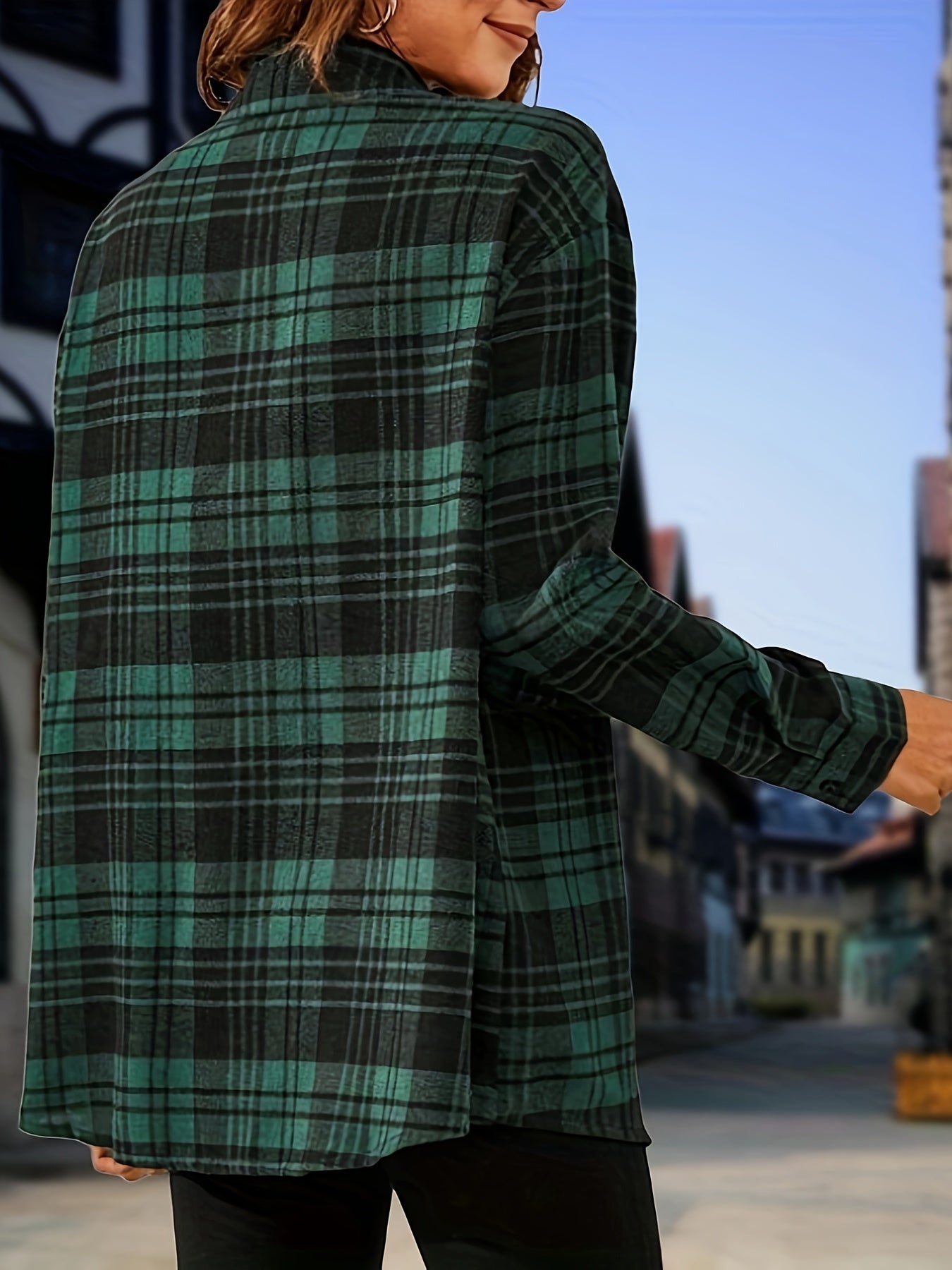  Plaid Print Long Sleeve Tunic Shirt