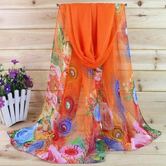 Peacock Feather Print Chiffon Scarf Boho Oversized Thin Shawl