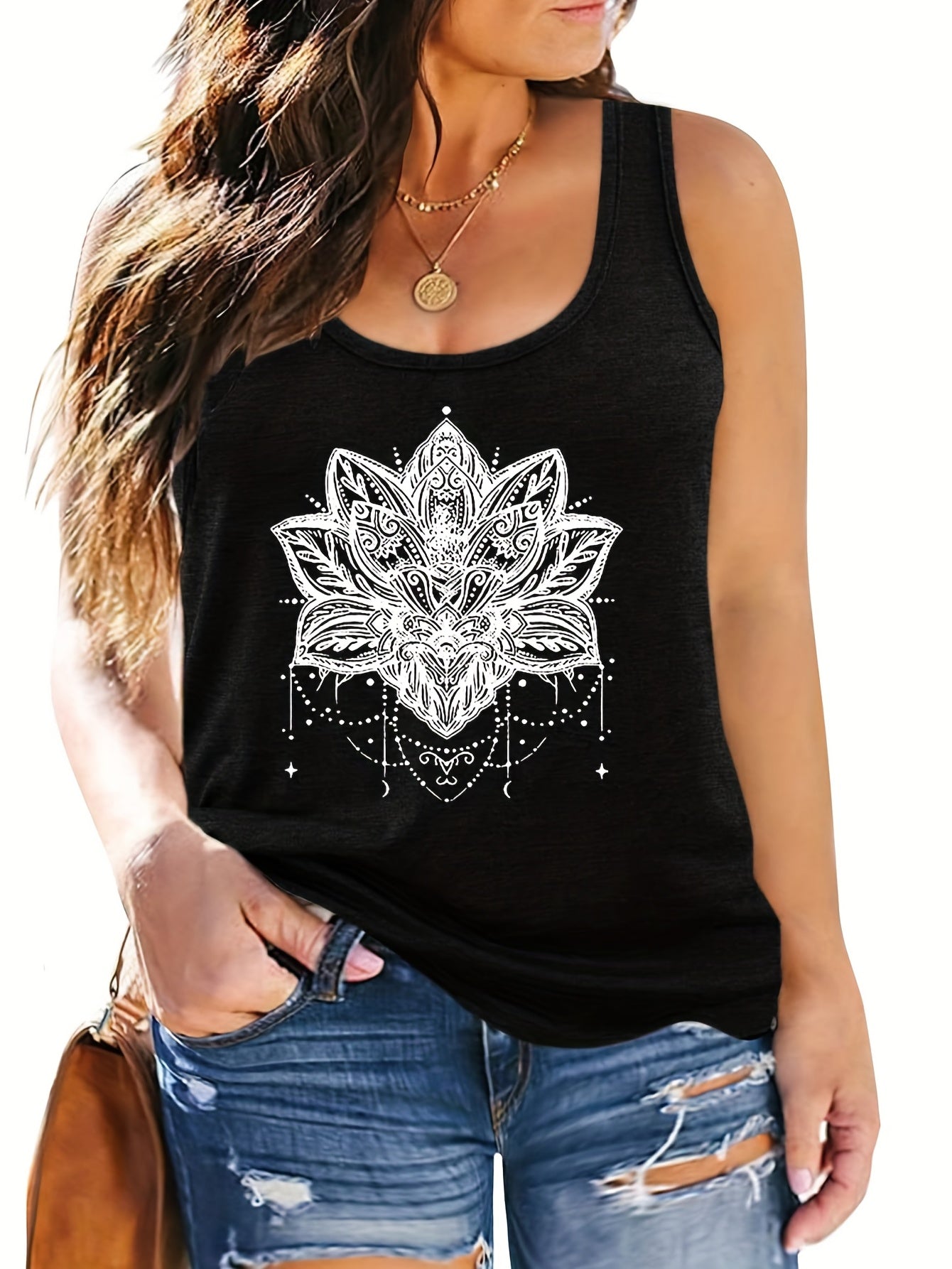  Lotus Print Tank Top Round Neck Medium Stretch