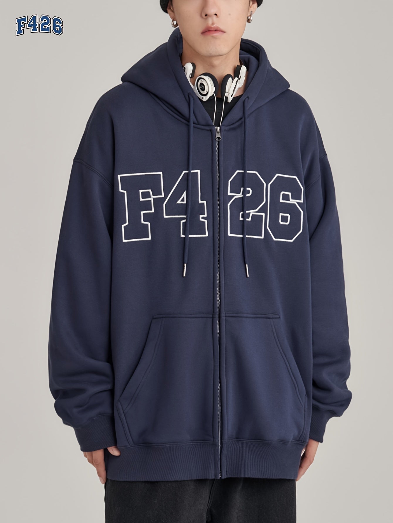 Casual Embroidery Men's Zip Up Hooded Coat
