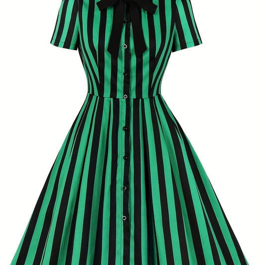  Stripe Print Button Up Short Sleeve Dress
